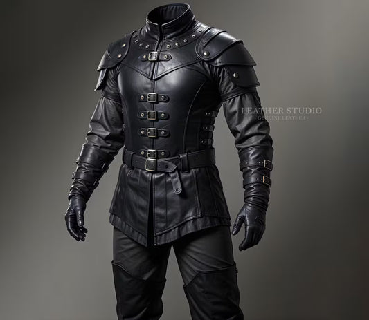 Custom Black Leather Medieval Armor Vest  Men's Warrior Vest  Shoulder Armor & Studs  Buckle Closure Fantasy Attire