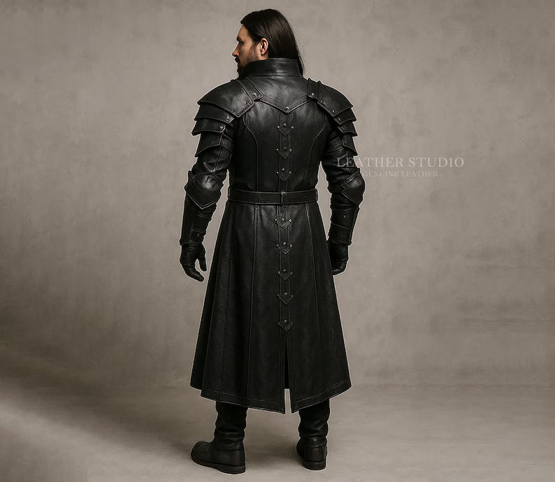 Custom Made Black Leather Steampunk Armor Coat for Men  Gothic Leather Trench Coat  Cosplay Steampunk Warrior Jacket Festival Biker Coat