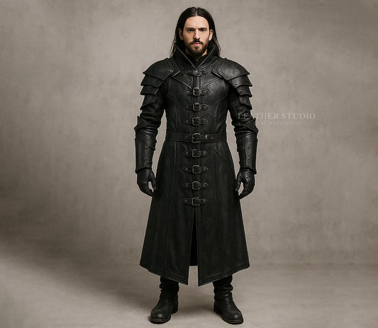 Custom Made Black Leather Steampunk Armor Coat for Men  Gothic Leather Trench Coat  Cosplay Steampunk Warrior Jacket Festival Biker Coat