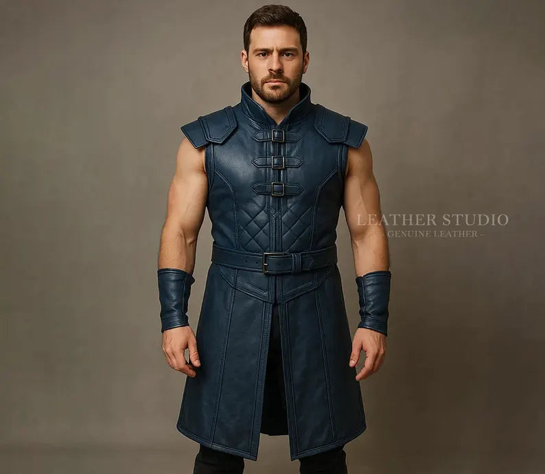 Blue Breezion Leather Warrior Vest  Custom Handmade Cosplay Tunic  Quilted Medieval Sleeveless Armor LARP Renaissance Fantasy Coat for Men