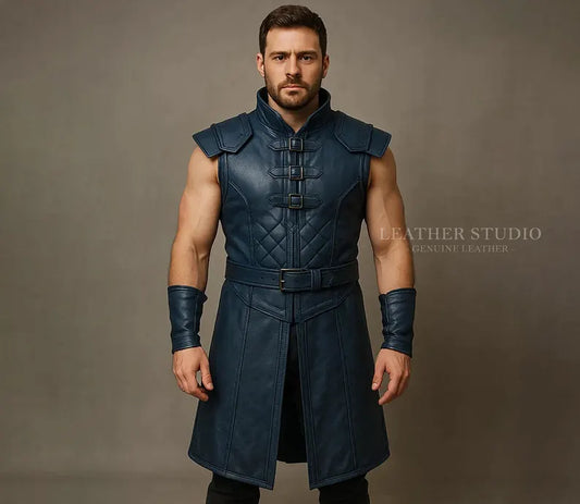 Blue Breezion Leather Warrior Vest  Custom Handmade Cosplay Tunic  Quilted Medieval Sleeveless Armor LARP Renaissance Fantasy Coat for Men