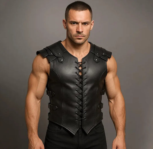 Men’s Black Gladiator Leather Vest  Warrior Armor Corset Style Vest  Gothic Cosplay Festival Costume  Custom Handmade Biker Vest