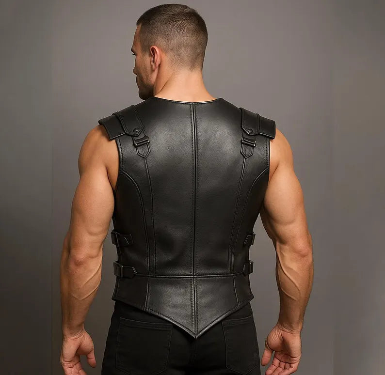 Men’s Black Gladiator Leather Vest  Warrior Armor Corset Style Vest  Gothic Cosplay Festival Costume  Custom Handmade Biker Vest