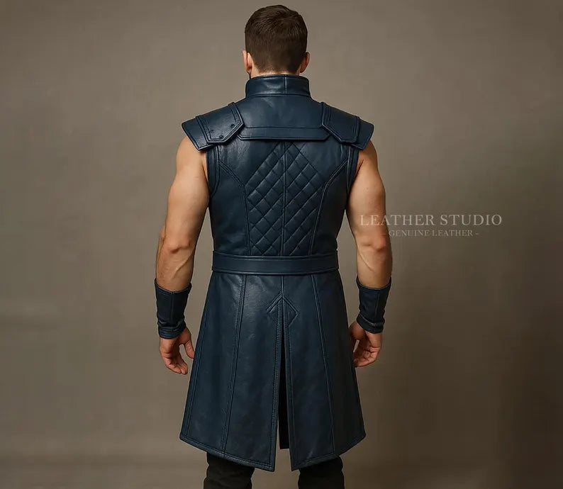 Blue Breezion Leather Warrior Vest  Custom Handmade Cosplay Tunic  Quilted Medieval Sleeveless Armor LARP Renaissance Fantasy Coat for Men