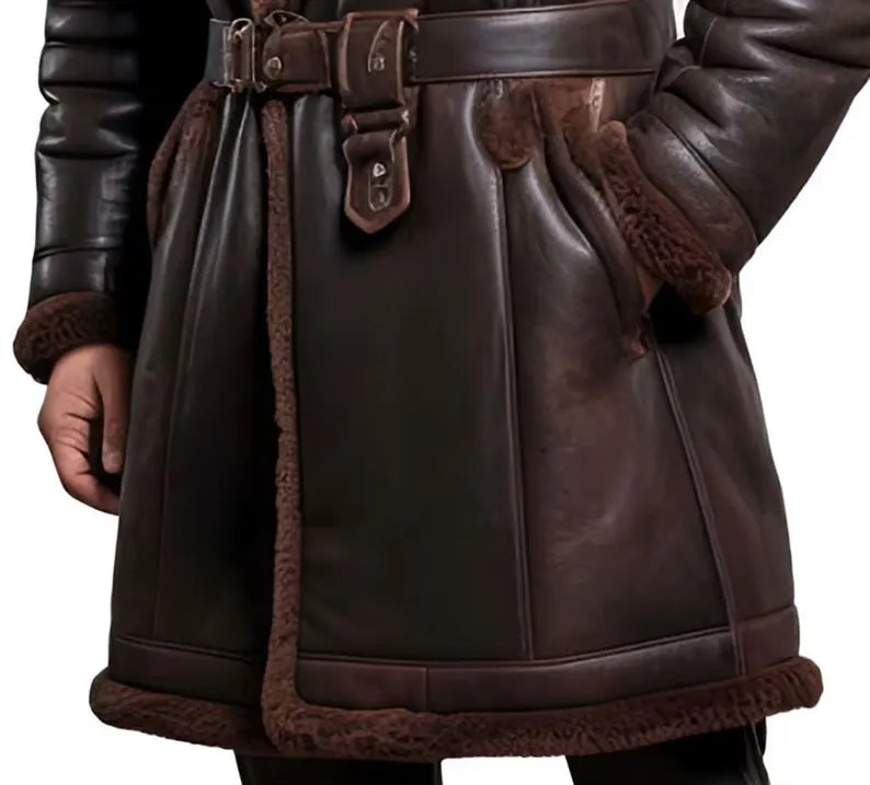 Men Leather Fur Coat  Genuine Sheepskin Leather Fur Long Coat