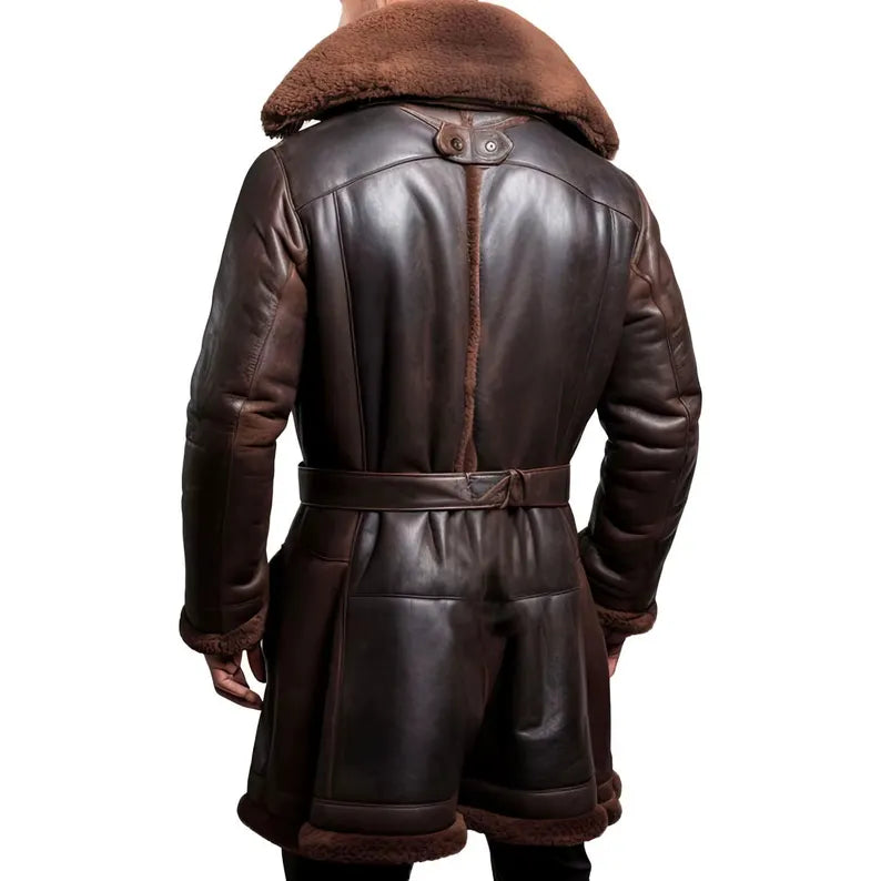Men Leather Fur Coat  Genuine Sheepskin Leather Fur Long Coat