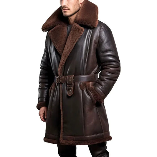 Men Leather Fur Coat  Genuine Sheepskin Leather Fur Long Coat
