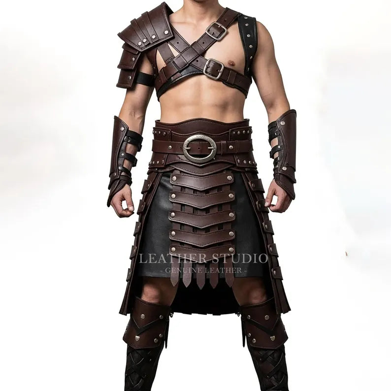 Men’s Brown Leather Kilt Armor Set | Gladiator Warrior Barbarian Outfit | Medieval Renaissance LARP & Fantasy Cosplay Costume | Custom Made