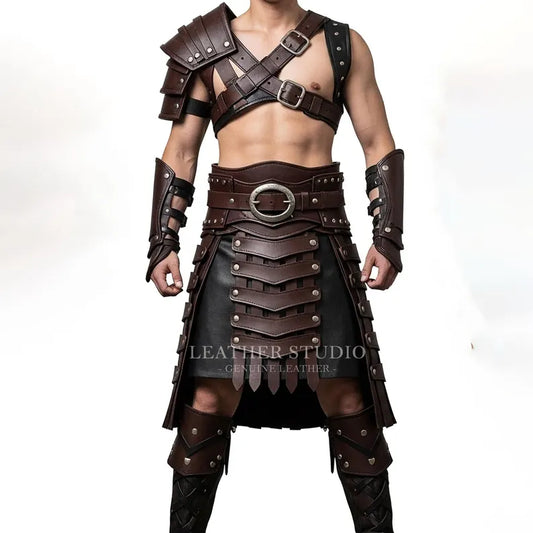Men’s Brown Leather Kilt Armor Set | Gladiator Warrior Barbarian Outfit | Medieval Renaissance LARP & Fantasy Cosplay Costume | Custom Made
