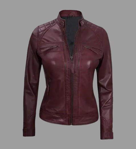 Maroon Women's Real Leather Motorcycle Jacket