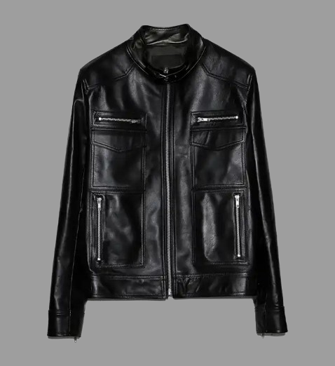 Men's Band Collar Biker Leather Jacket