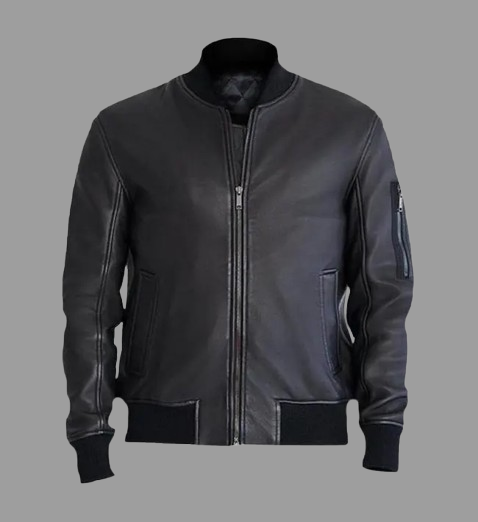 Men's Black Leather Bomber Jacket