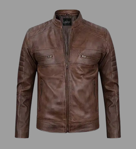 Men's Distressed Coffee Brown Cafe Racer Leather Jacket