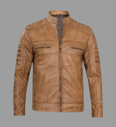 Men's Tan Rust Brown Leather Biker Jacket