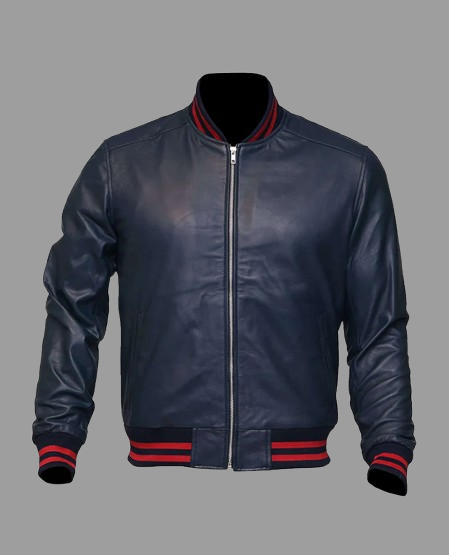 Men's Blue Sheepskin Leather Varsity Bomber Jacket