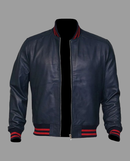 Men's Blue Sheepskin Leather Varsity Bomber Jacket