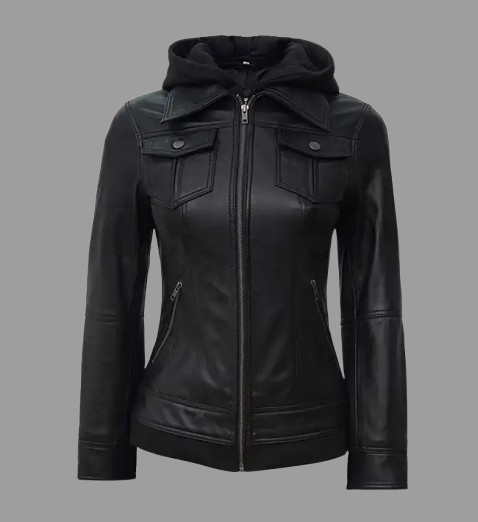 Women’s Black Leather Jacket With Hood