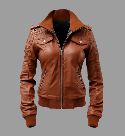 Women's Brown Leather Bomber Jacket