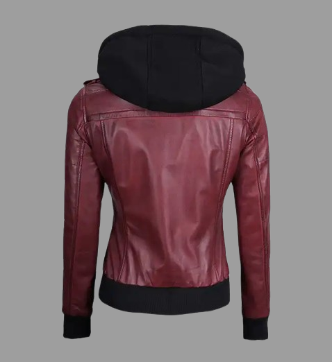 Women's Maroon Hooded Leather Jacket