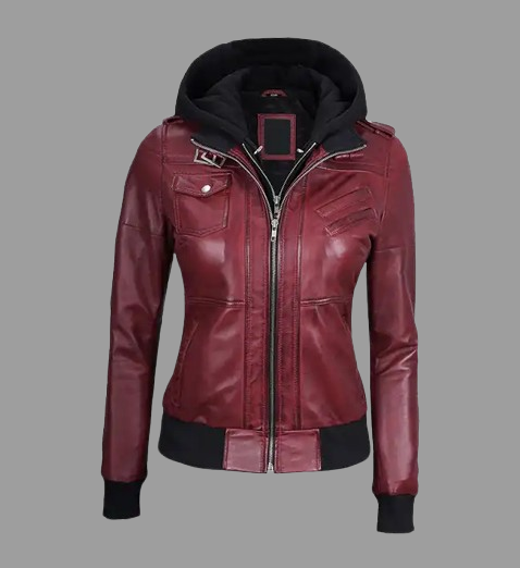 Women's Maroon Hooded Leather Jacket