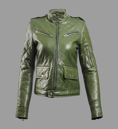 Women’s Green Leather Puffer Jacket