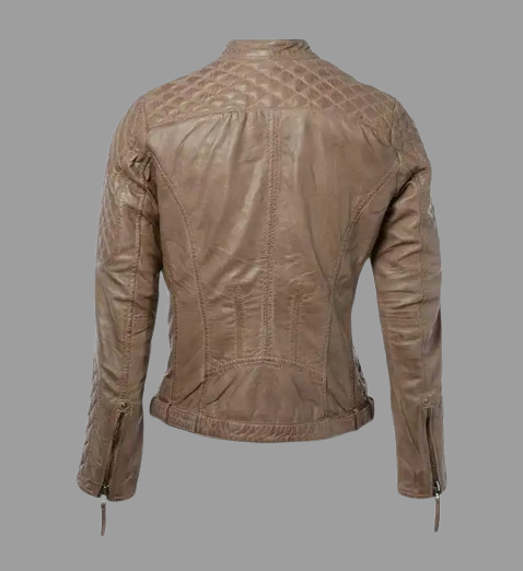 Women’s Short Quilted Shoulder Sand Leather Jacket