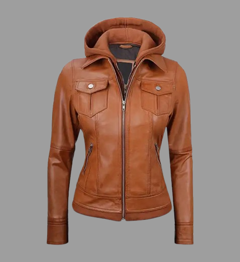 Women's Tan Wax Leather Jacket With Detachable Hood