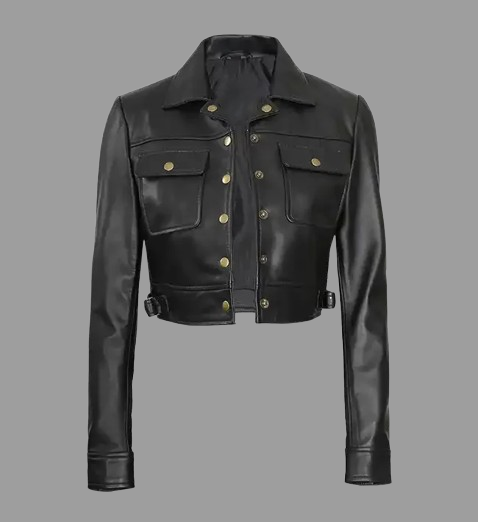Women’s Black Cropped Leather Trucker Jacket