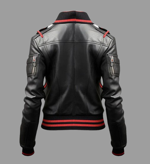 Women’s Black & Red Bomber Leather Jacket