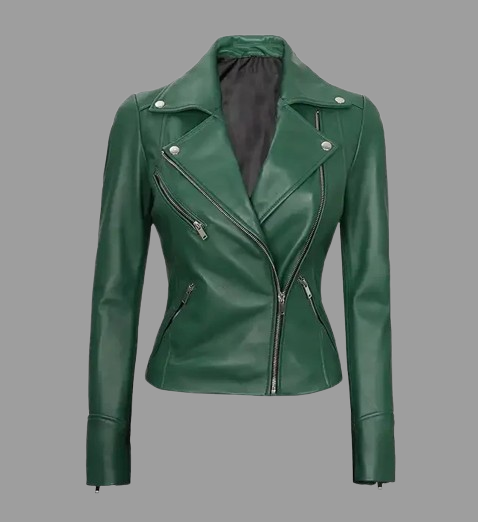 Women's Moto Style Green Leather Jacket