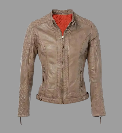 Women’s Short Quilted Shoulder Sand Leather Jacket